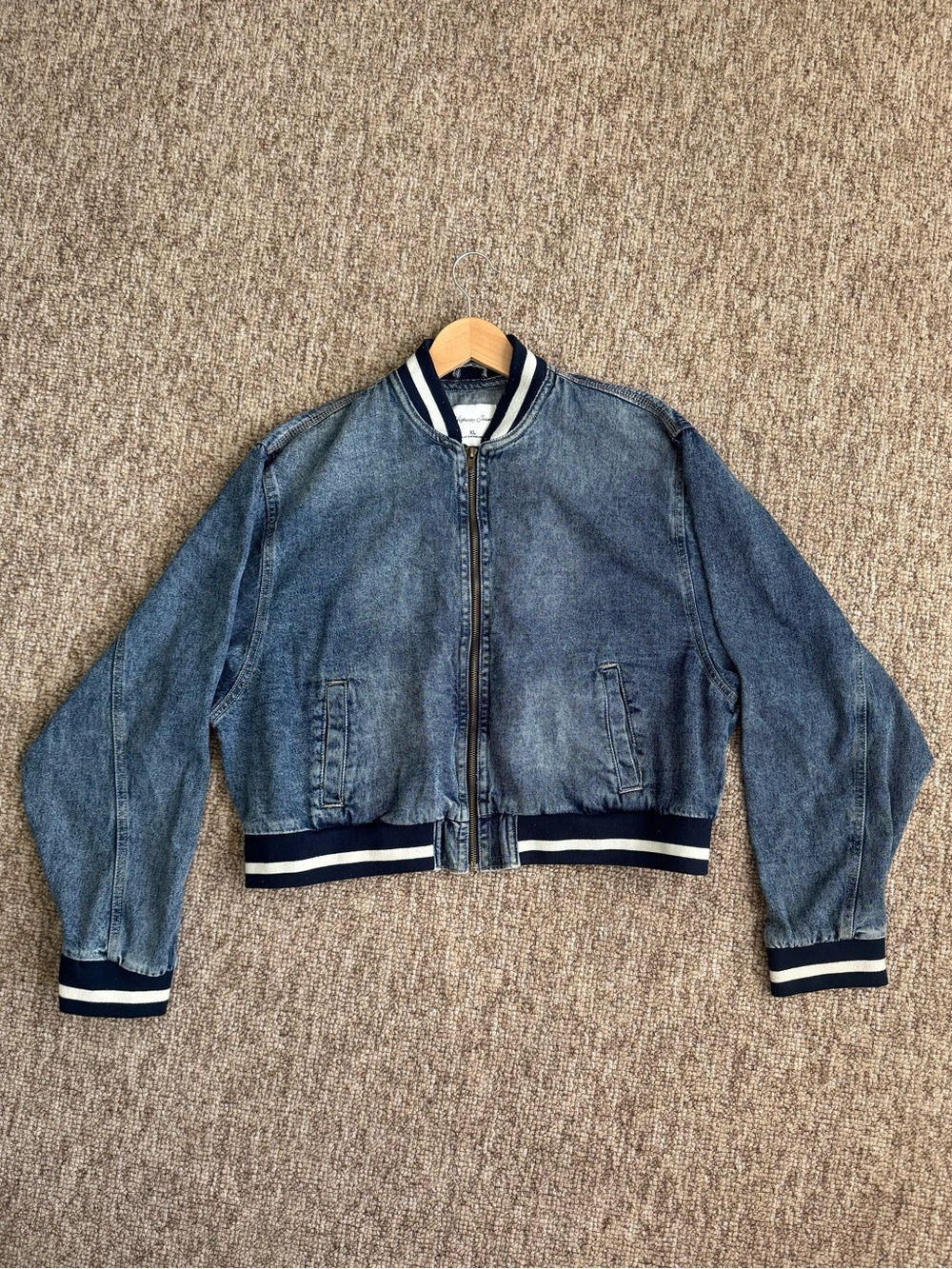 Blue Denim Varsity Bomber Jacket with Navy & White Trim